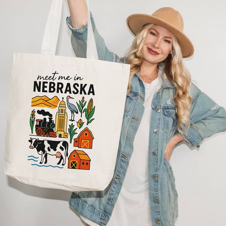 Meet Me In Nebraska Tote Bag for wholesale by Lucky Luna Apparel