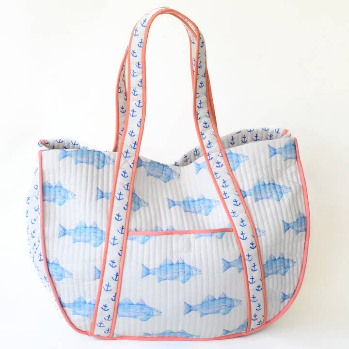 Sara Fitz - Wholesale Tote Bag - Women's - Expandable Tote, Blue Fish