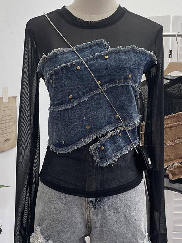 Distressed Denim Patchwork T-Shirt for wholesale by Mccolin