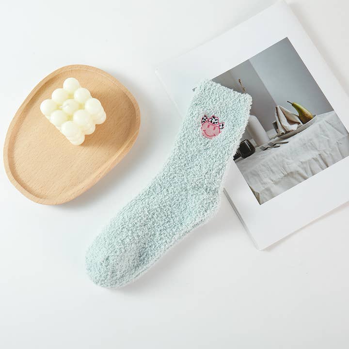 ASSORTED COLORS Happy Face w Cowboy Hat Fuzzy Winter Socks for wholesale on Faire2