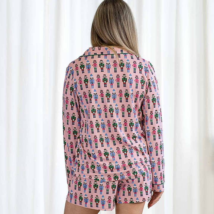 The Royal Standard - Wholesale Sleepwear Top - Women's - Nutcracker March Long Sleeve Button Up Sleep Shirt Light Pink/Multi -Asst.