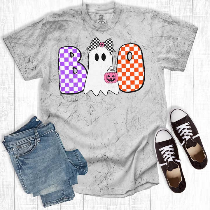 Retro Checkered Boo Ghost With Bow Comfort Colors for wholesale by The Way Down South