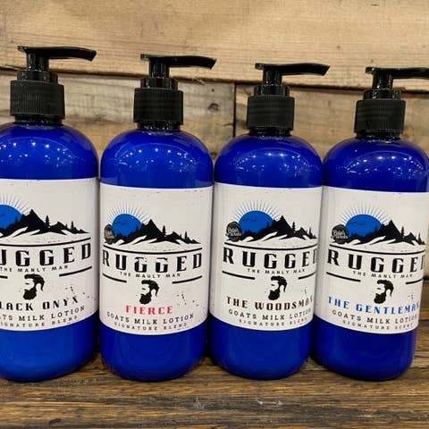 Pompe à lotion RUGGED au lait de chèvre, beurre de karité et miel pour la vente par Petals & Wicks Wholesale