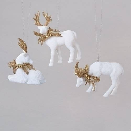 Gold Glitter Ivory Flocked Deer Wreath Ornament, 3 Assorted for wholesale by Roman