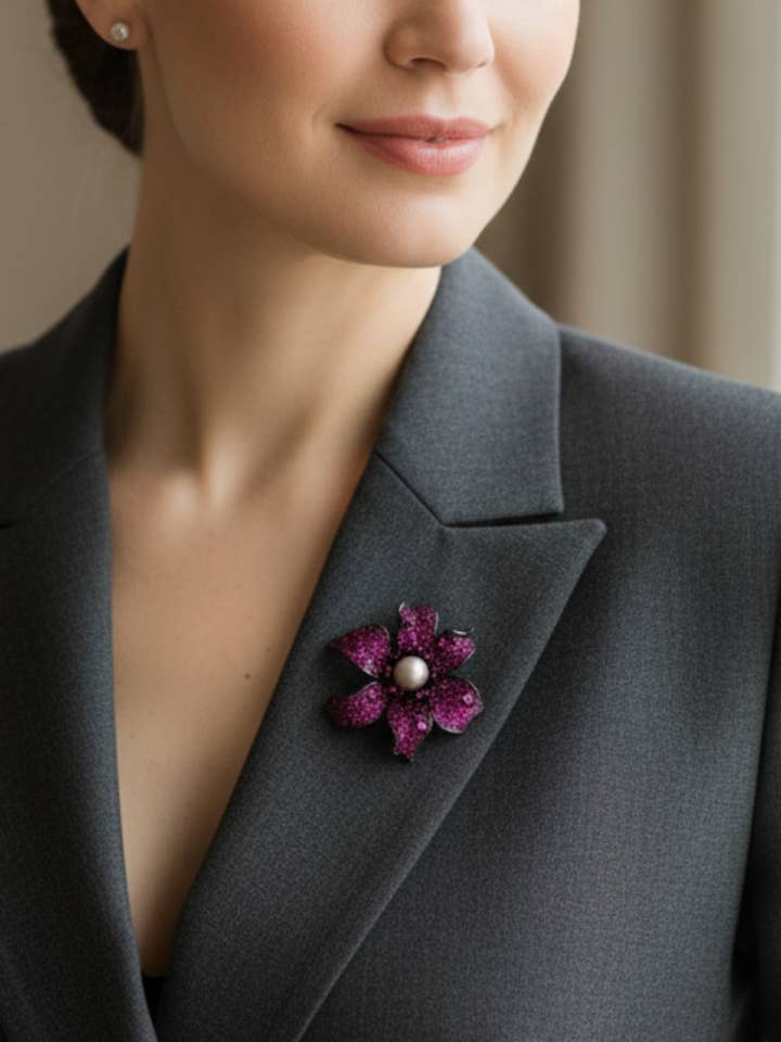 Brooch with Central Pearl and Magenta Flower for wholesale by PHOEBE´S