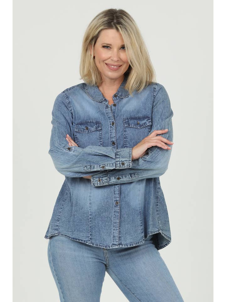 Nostalgia - Wholesale Button Down Shirt - Women's - N2N75-EMB DENIM BUTTON UP SHIRT WITH EMBROIDERED BACK DETAIL