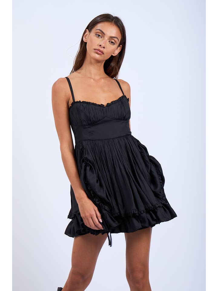 Sky to Moon - Wholesale Dress - Women's - -SATIN TIE POINT DOUBLE LAYERED RUFFLE MINI DRESS