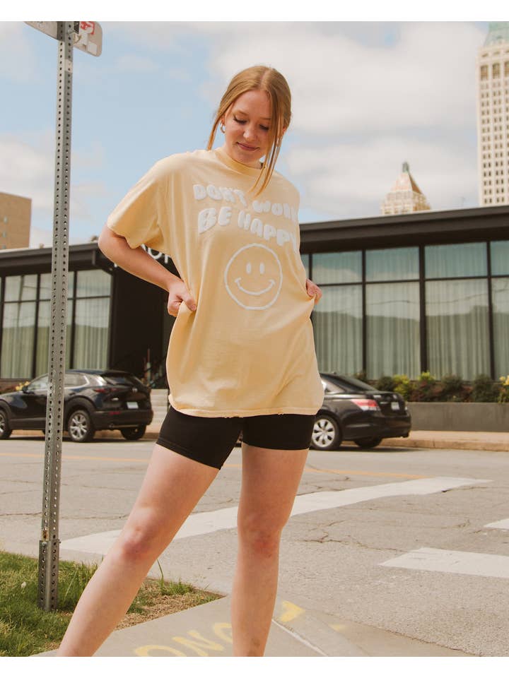 LivyLu - Wholesale Screen Printed T-Shirt - Unisex - Don't Worry Be Happy Puff Ink Yellow Thrifted Graphic Tee2