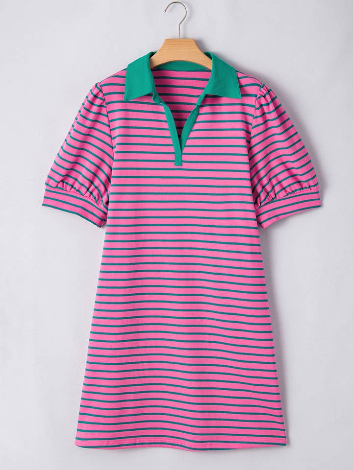 Pink Plus Size Stripe V Neck Puff Sleeve Collared Shirt Dress for wholesale on Faire