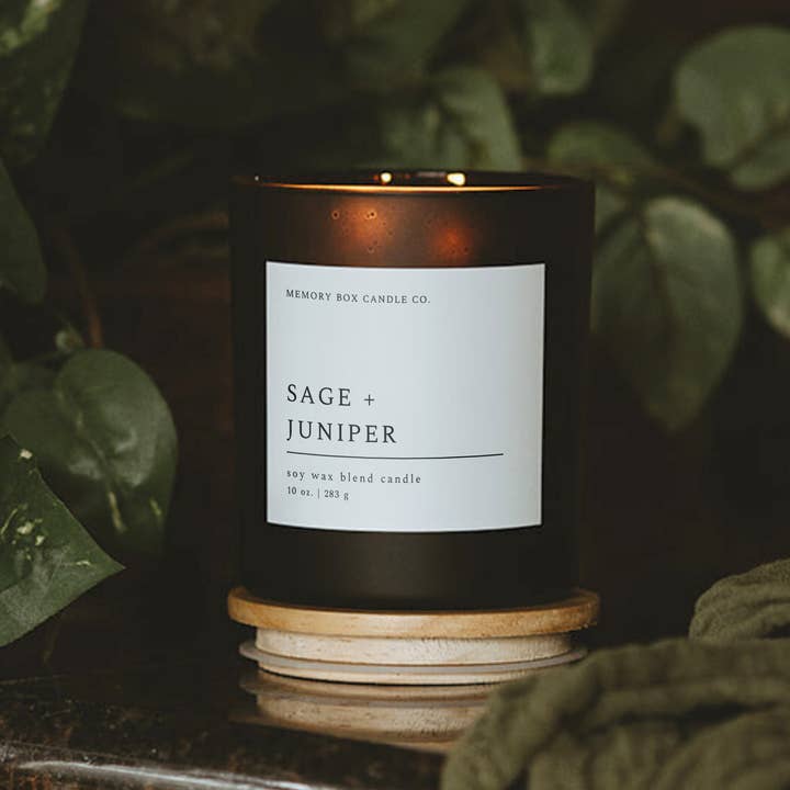 Memory Box Candle Co. - Wholesale Jar/Filled Candle - Sage + Juniper - 10 oz. Matte Black Glass Soy Candle1