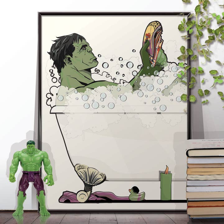 In The Washroom - Vente Panneaux de salle de bain - Hulk dans la baignoire, illustration humoristique pour salle de bain2