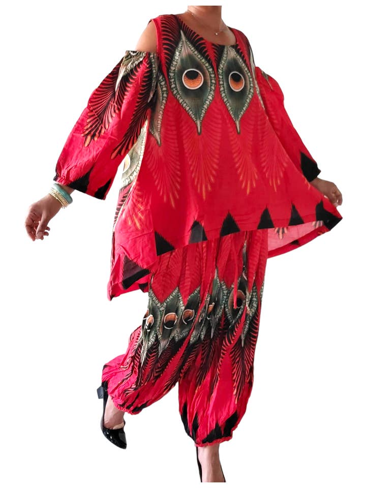 Harem Pant & Blouse Set/ Peacock Print 632 for wholesale by India Batik