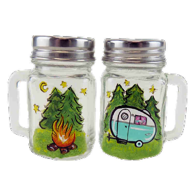 Classy Art Designs, LLC - Vente Ensembles salière et poivrière - Ensemble de salières et poivrières peintes à la main Happy Camper Campfire0