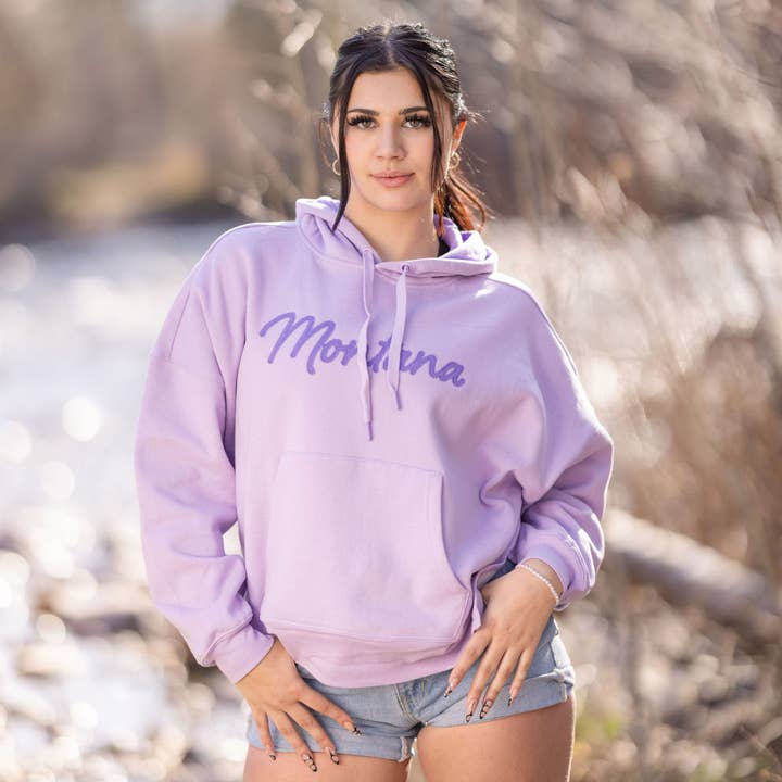 Montana Girl Applique Hoodie in Lavender for wholesale by The Montana Way
