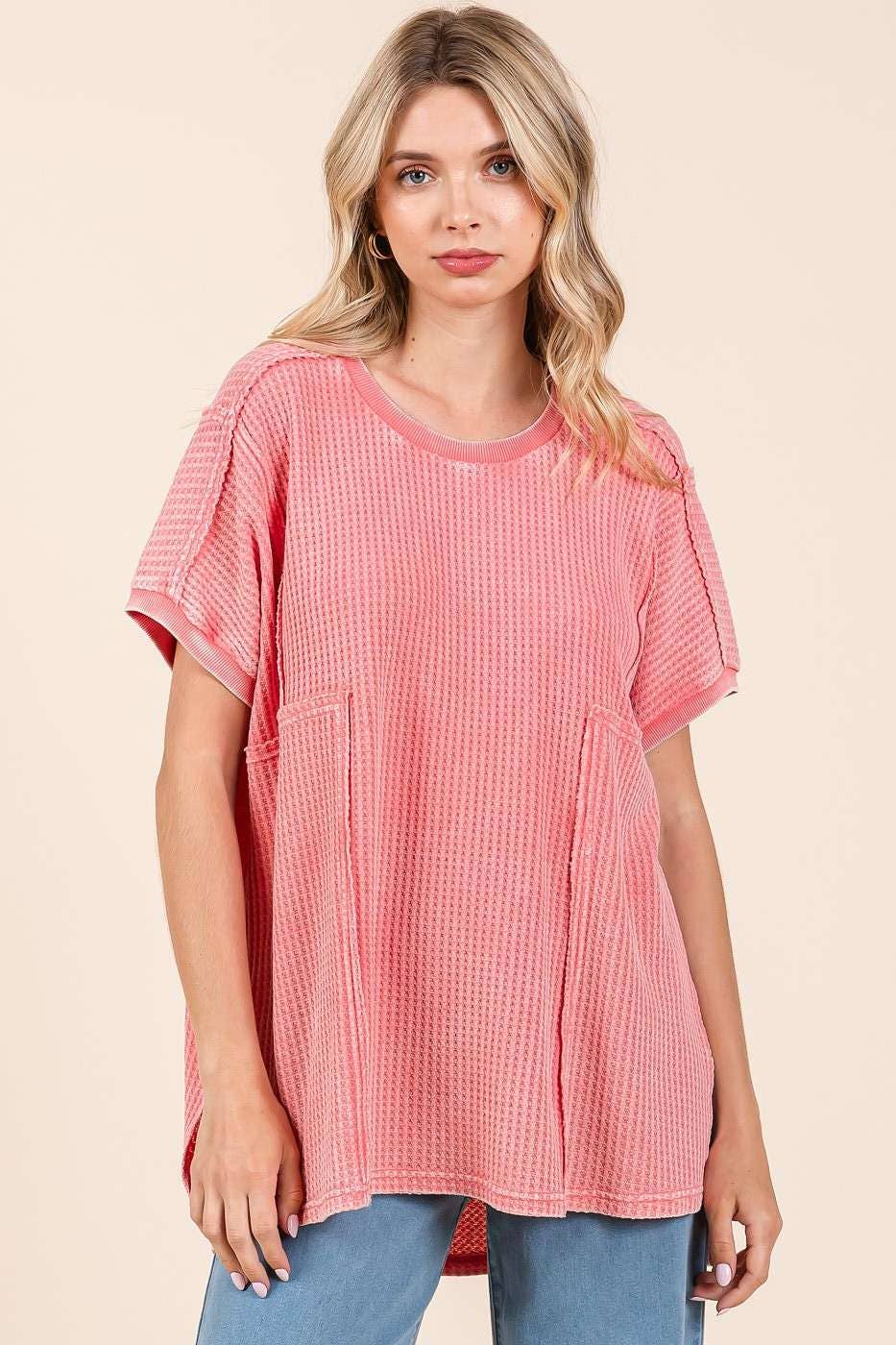 mittoshop - Wholesale Tunic - Women's - MINERAL WASH WAFFLE KNIT SEAM DETAIL TUNIC TOP1