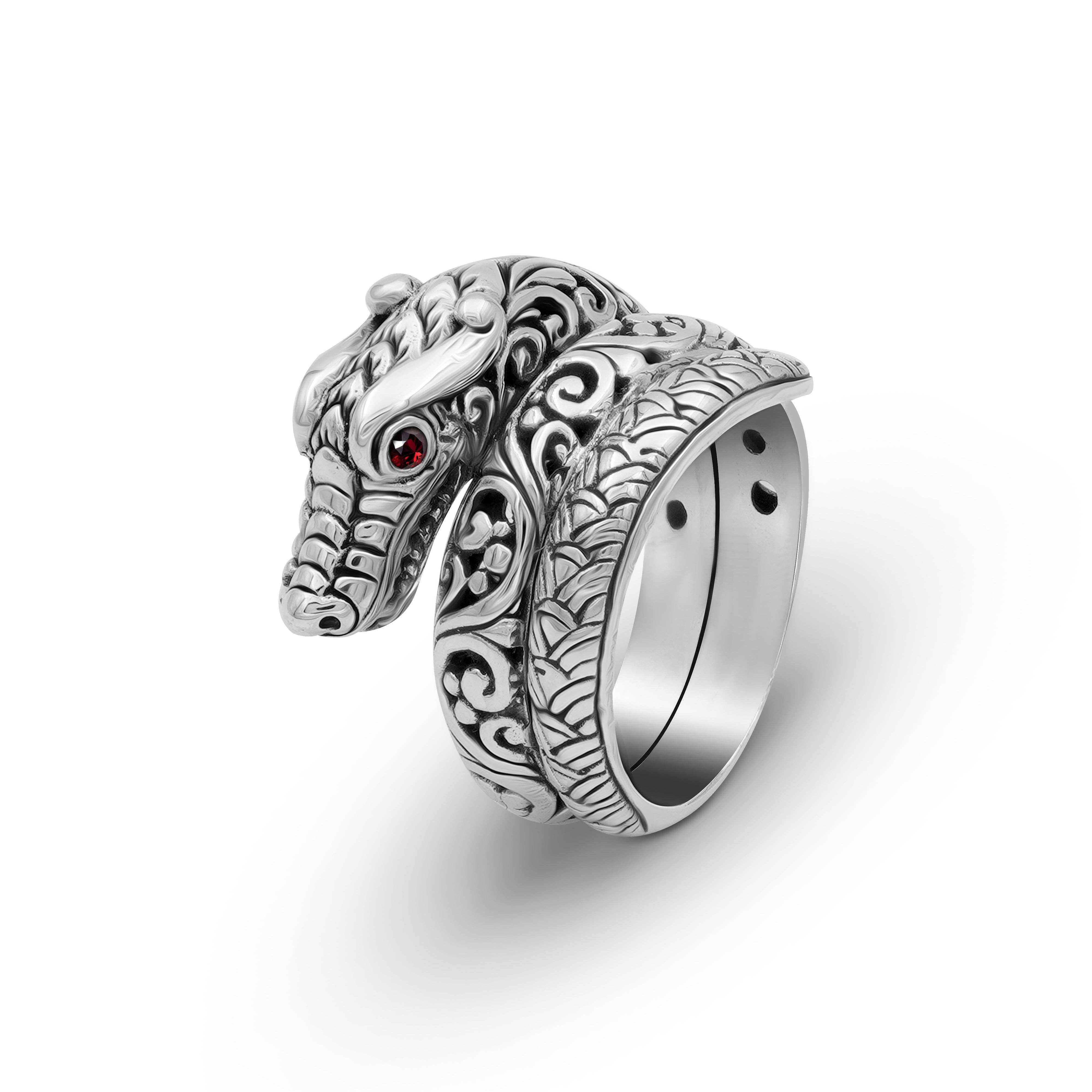 Damai Designs - Wholesale Cocktail/Statement Ring - Artisan Balinese Sterling Silver Dragon Ring with Garnet1