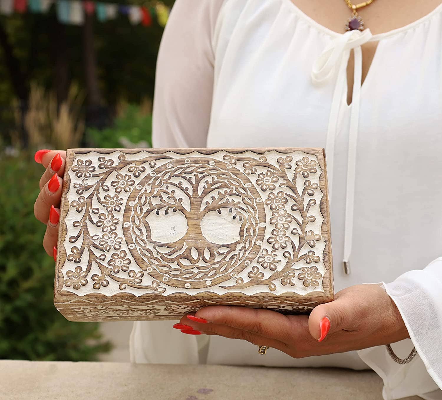 Lungta Imports - Wholesale Decorative Box - Large Hand Carved Tree of Life Wooden Box Keepsake Storage M8