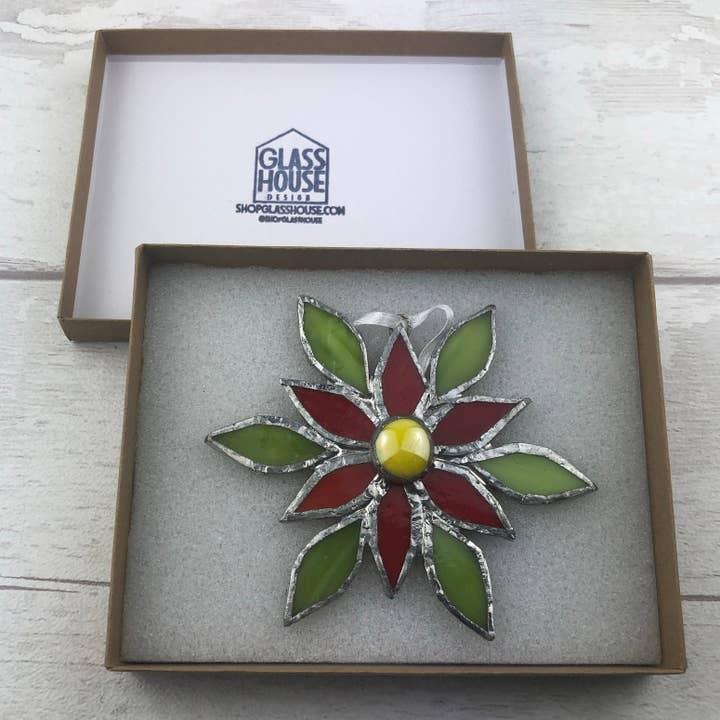 GlassHouse Design - Wholesale Ornament - Poinsettia Christmas Ornament- Stained Glass Window Decoration8