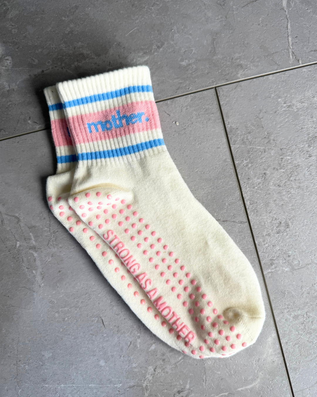 Blue Pink Throwback Half Crew Striped Grip Socks- Pink/Blue for wholesale on Faire4