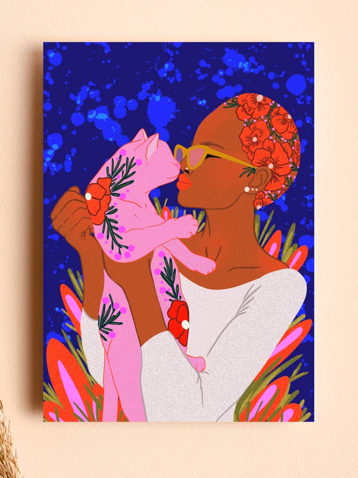 Mini-imprimé en forme de chat et de fille en fleurs pour la vente par Vivian Sofia Designs