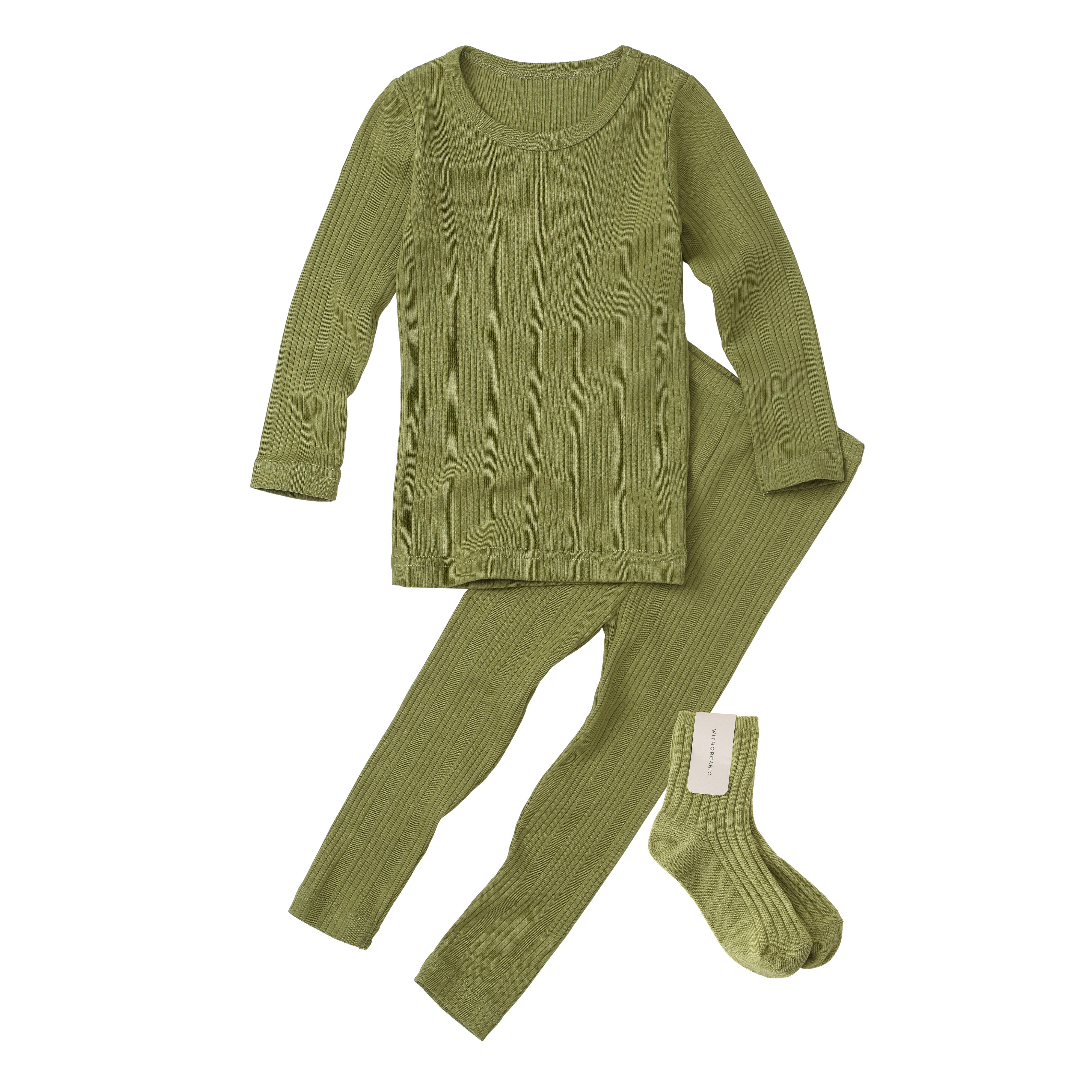 WithOrganic - Wholesale Sleepwear Set - Kids - Organic Kids 3 Pieces Ribbed Knit Pajama Set_Avocado Green1