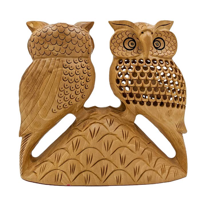 Brown Handcrafted Wooden Owl Couple For Home Decores for wholesale by Keeraft