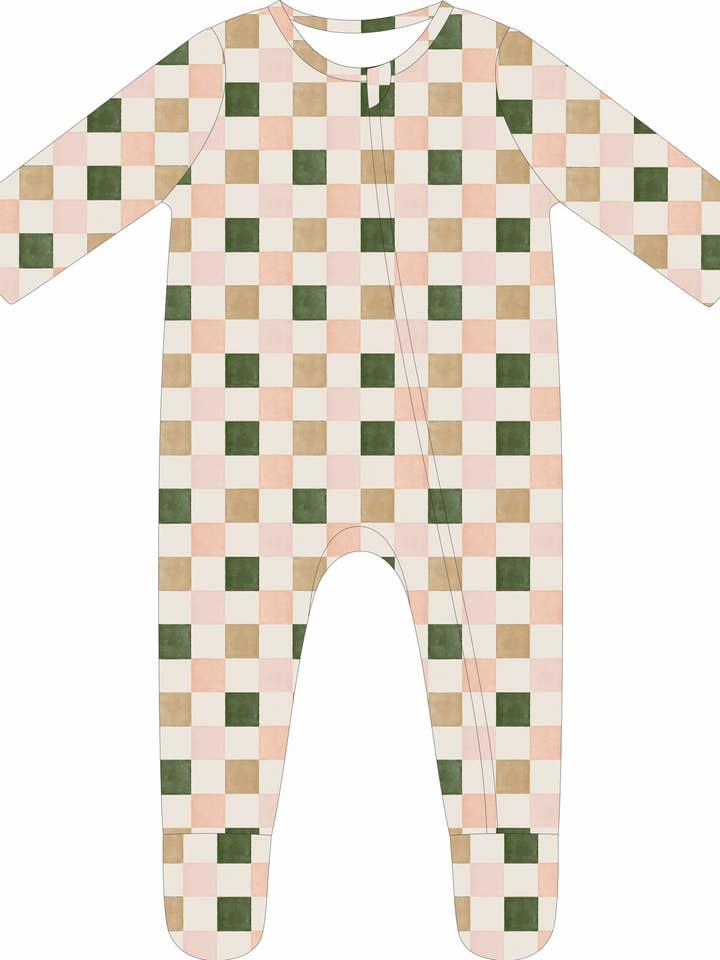 (PREORDER SPRING) Convertible Two-Way Ruffled Zipper One Piece | Pink & Green Check for wholesale by Bleu & Co