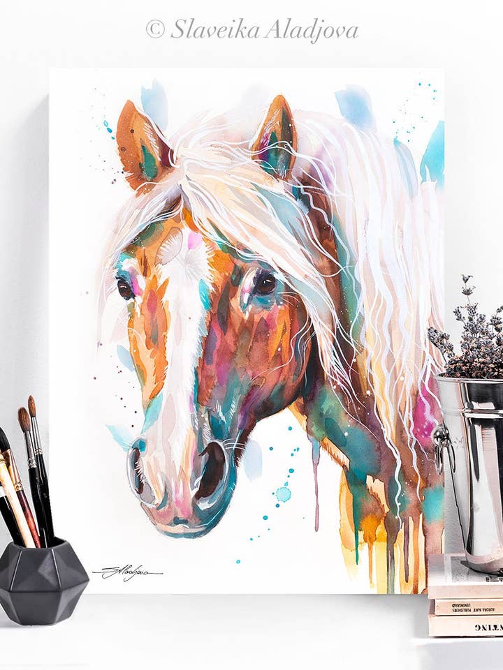 Impression de peinture aquarelle de cheval Haflinger, art animalier pour la vente par Slaveika Aladjova