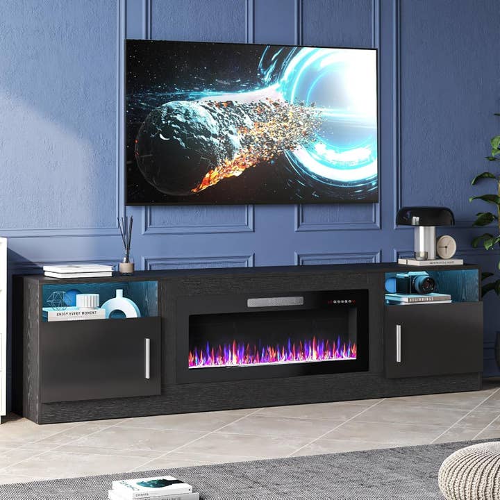 80 Inch TV Stand Electric Fireplace With LED Lighting Black for wholesale on Faire5