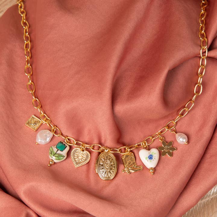SP Sophia Collection - Wholesale Pendant/Charm Necklace - Floral Theme Multi Charm Necklace