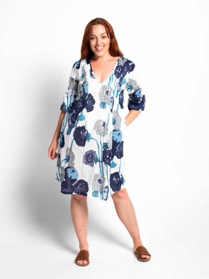 Heron Dress In Blue Poppies for wholesale by Mozaic by Euro Dreaming