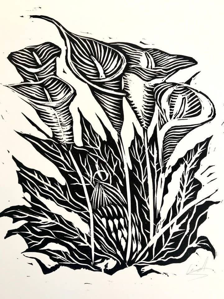 Calla Lily - Impression en relief tirée à la main de 11 po x 14 po en noir pour la vente par Chris Granillo Art