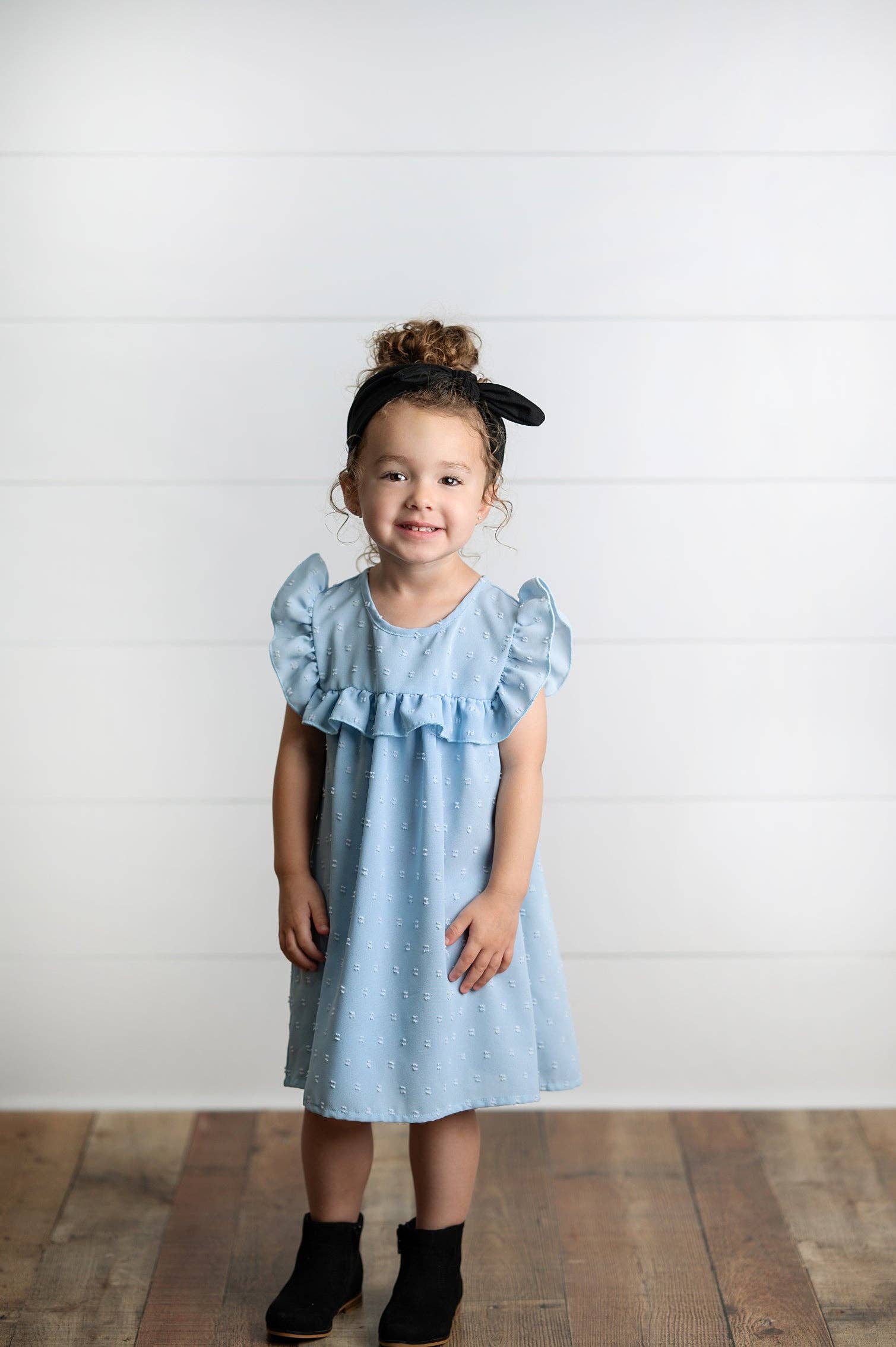 Wren & James - Wholesale Dress - Kids - Girls Dusty Blue Ruffle Bib Swiss Dot Spring Summer Dress5