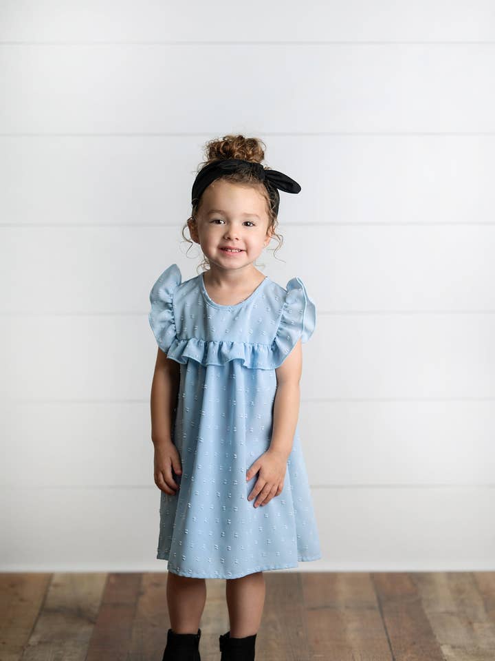 Wren & James - Wholesale Dress - Kids - Girls Dusty Blue Ruffle Bib Swiss Dot Spring Summer Dress5