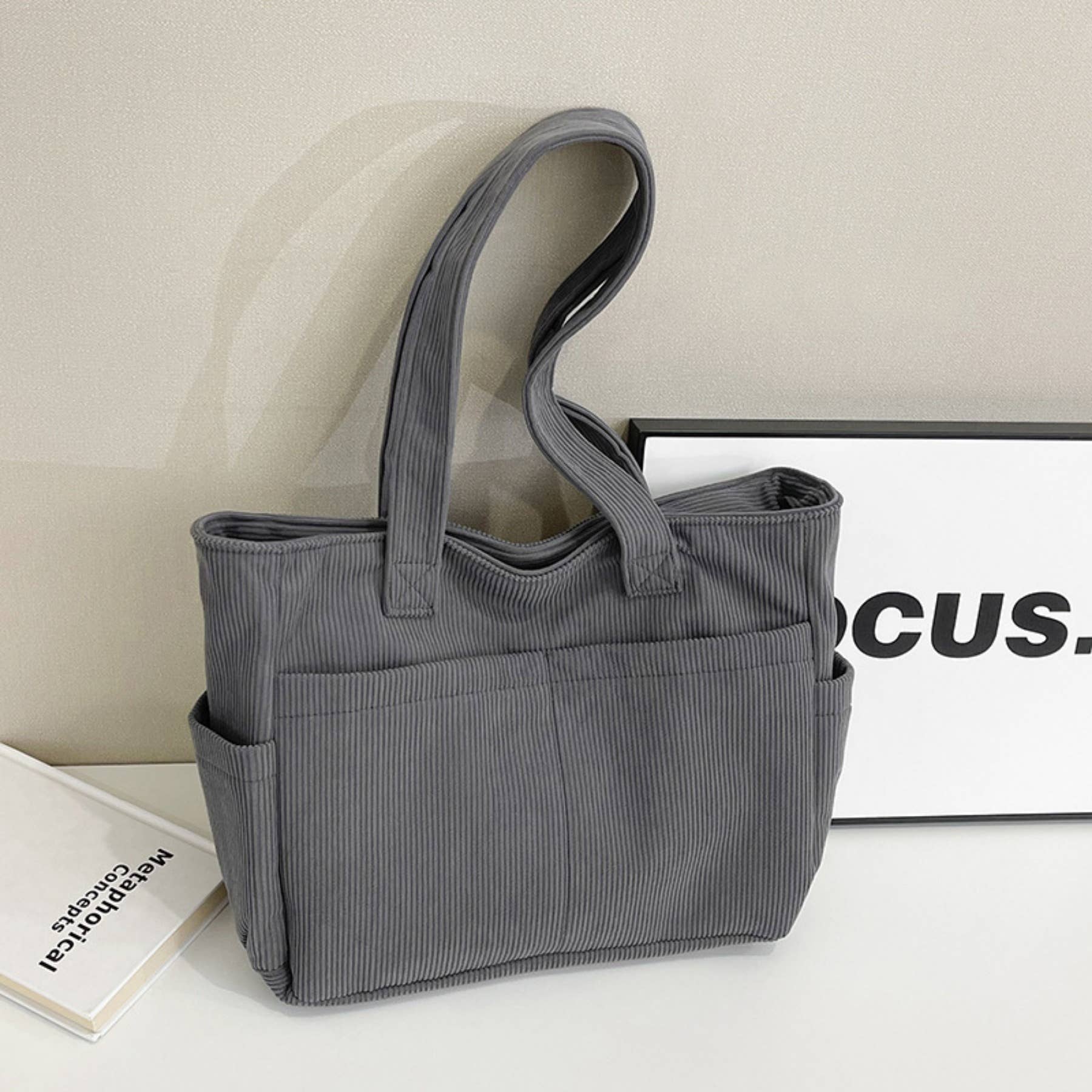 wandf - Wholesale Shoulder Bag - Women's - Casual Solid Color Corduroy Zippered Shoulder Bag Tote3