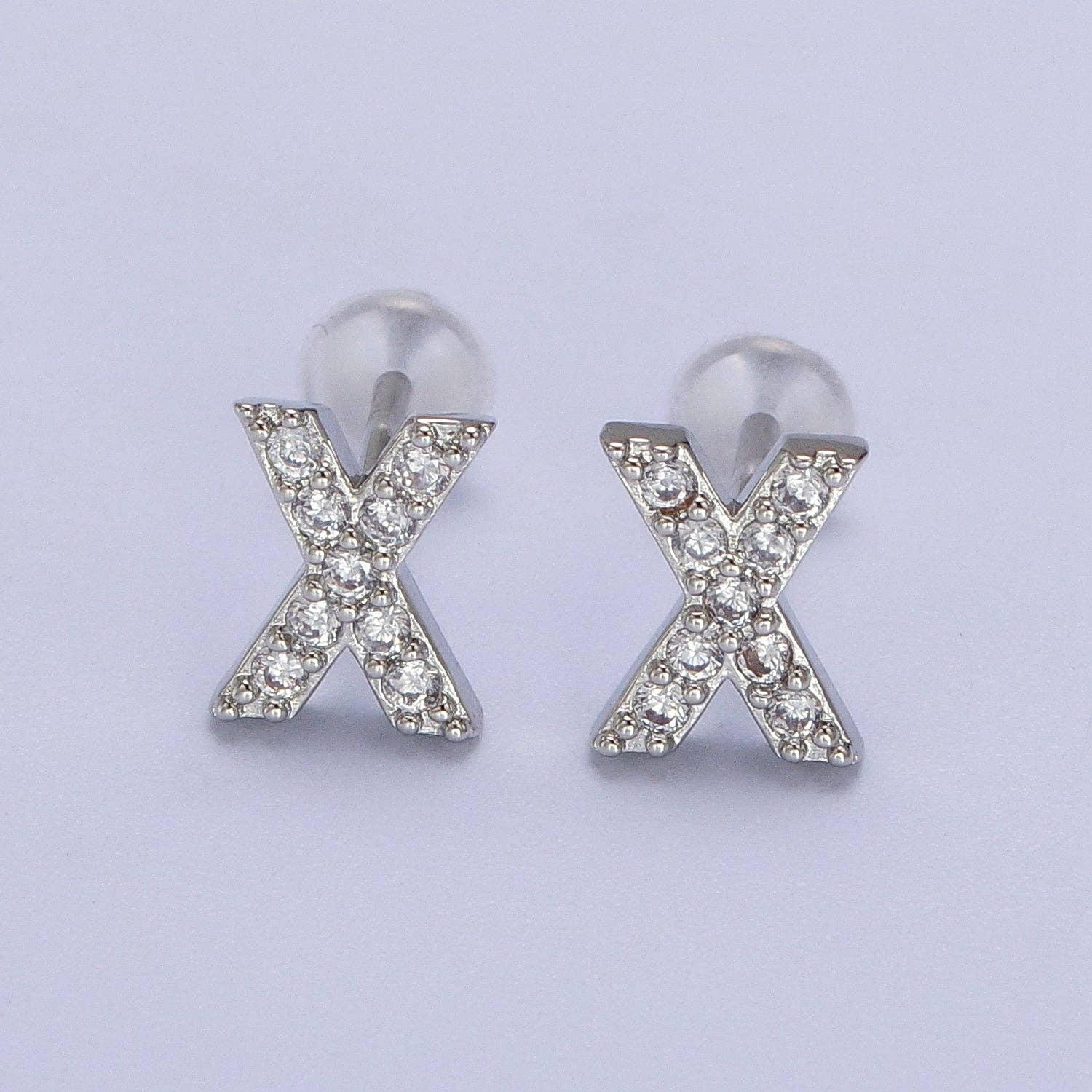 Aim Eternal - Wholesale Stud/Post Earrings - White Gold Filled Tiny Initial Letter Diamond CZ Silver Stud23