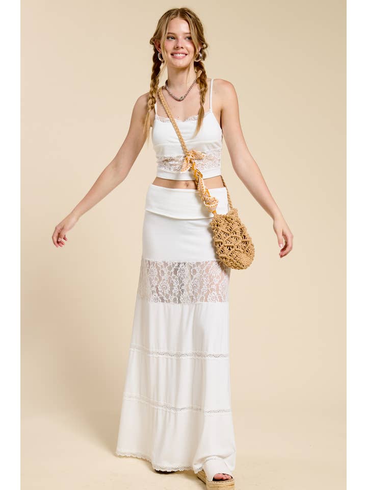 Mimosa - Wholesale Top & Skirt Set - Women's - Lace Contrast Cami and Fold over Maxi Skirt Set2