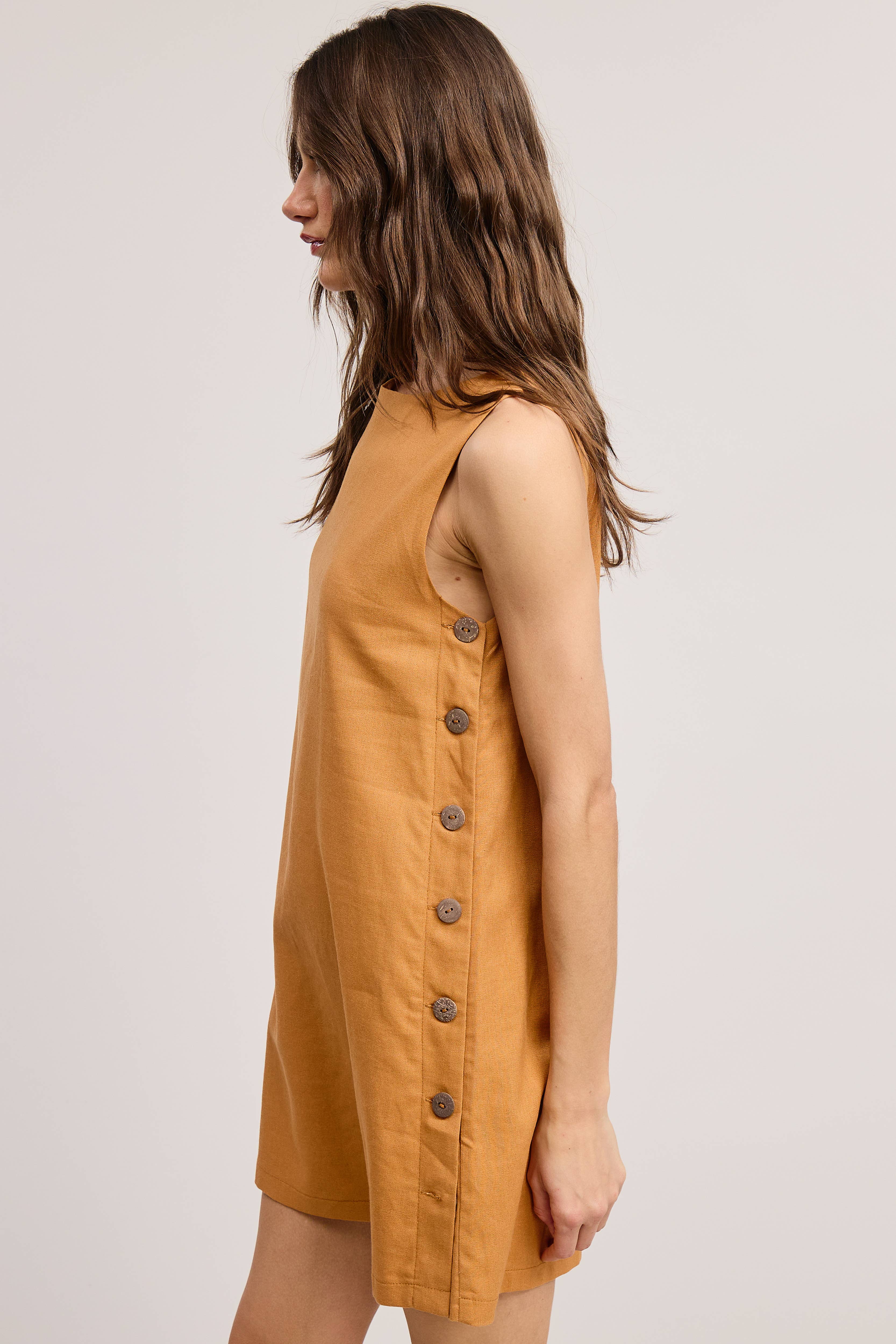 Mimosa - Wholesale Dress - Women's -  Wooden Side Button Detail Sleeveless Linen Mini Dress12