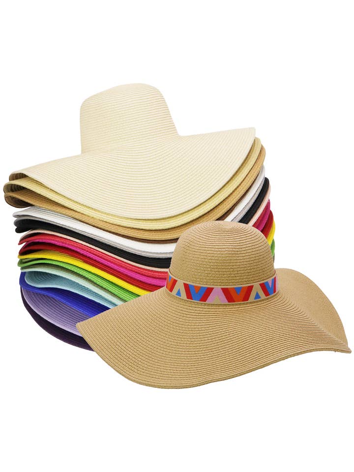 Chevron Elastic Band Matte Floppy Straw Sun Hat for wholesale by Cap Zone