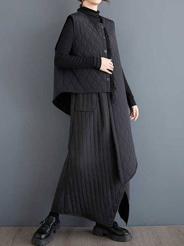 BLACK High Waisted Loose Asymmetric Elasticity Pockets Quilted Solid Color Skirts Bottoms for wholesale on Faire5