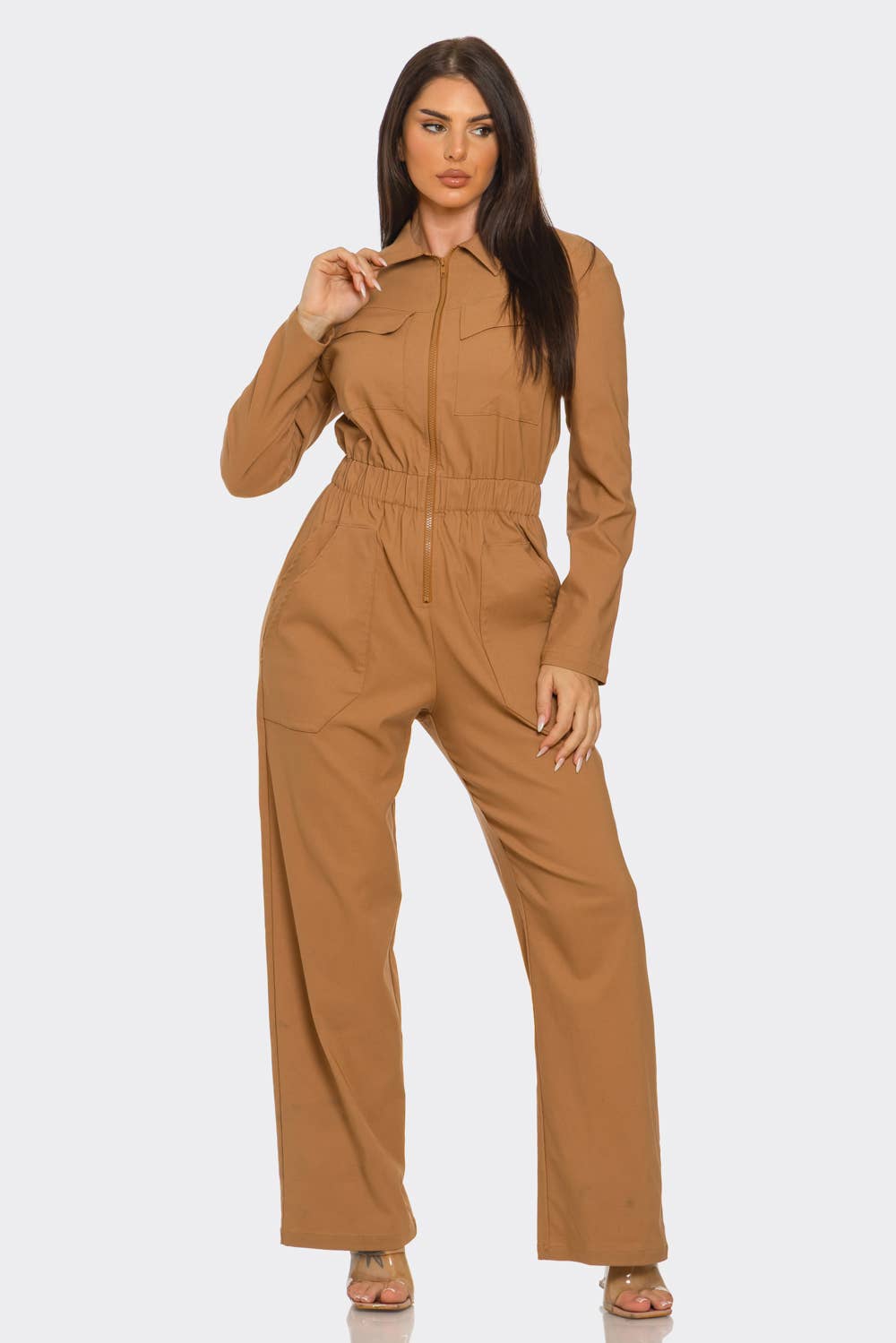 Camel Front Zipper Detail Elastic Waistband Jumpsuit for wholesale on Faire1