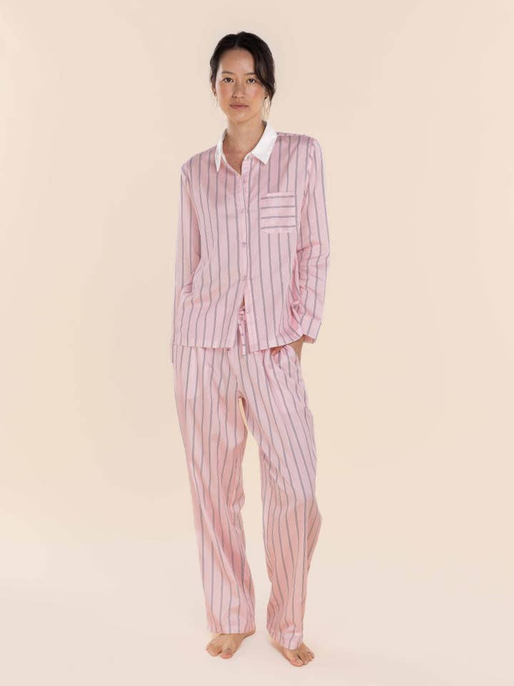 Cotton Pyjama Long Set - Belinda Pink Stripe for wholesale by Gingerlilly
