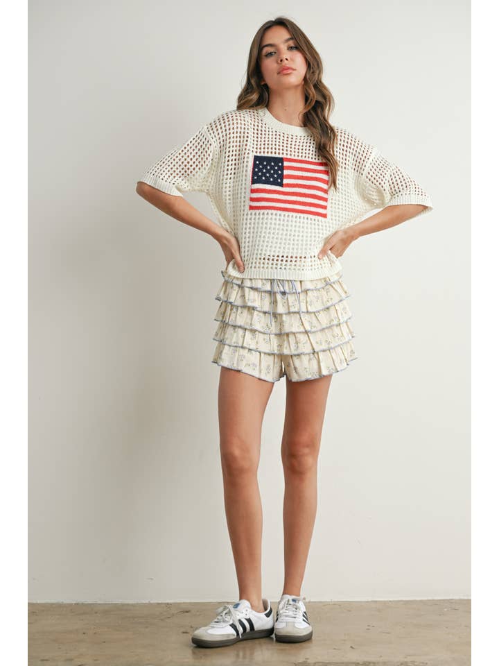 BUTTERMELON - Wholesale Knit Top - Women's - Flag Print Open Knit Crochet Sweater Top - BMW773517