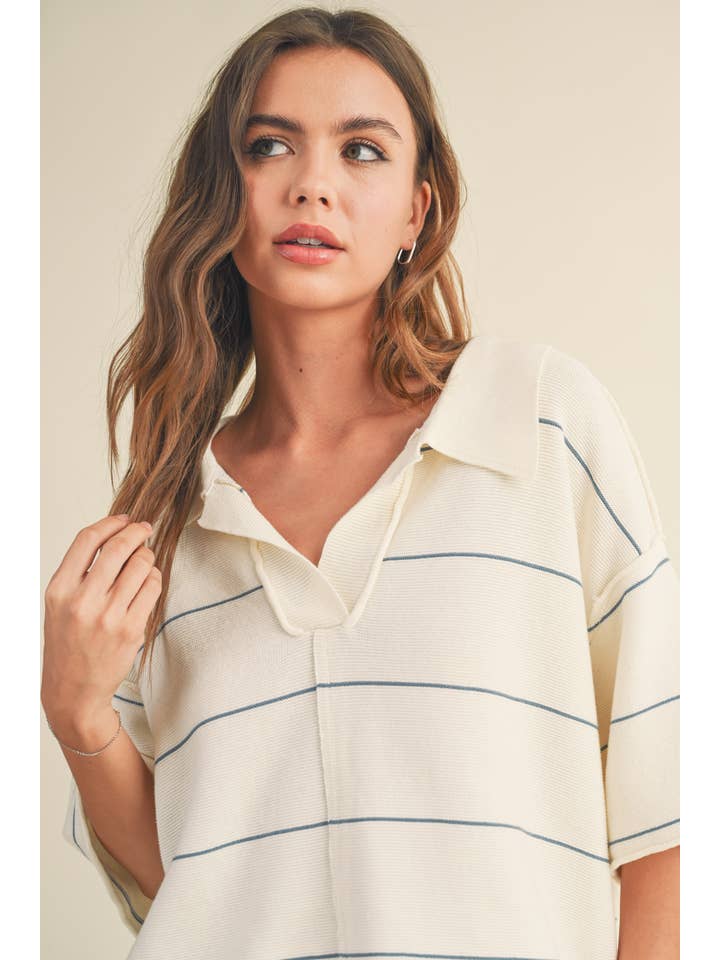 MIOU MUSE - Wholesale Knit Top - Women's - T3375ST STRIPED PATTERN KNITTED COLLAR TOP
