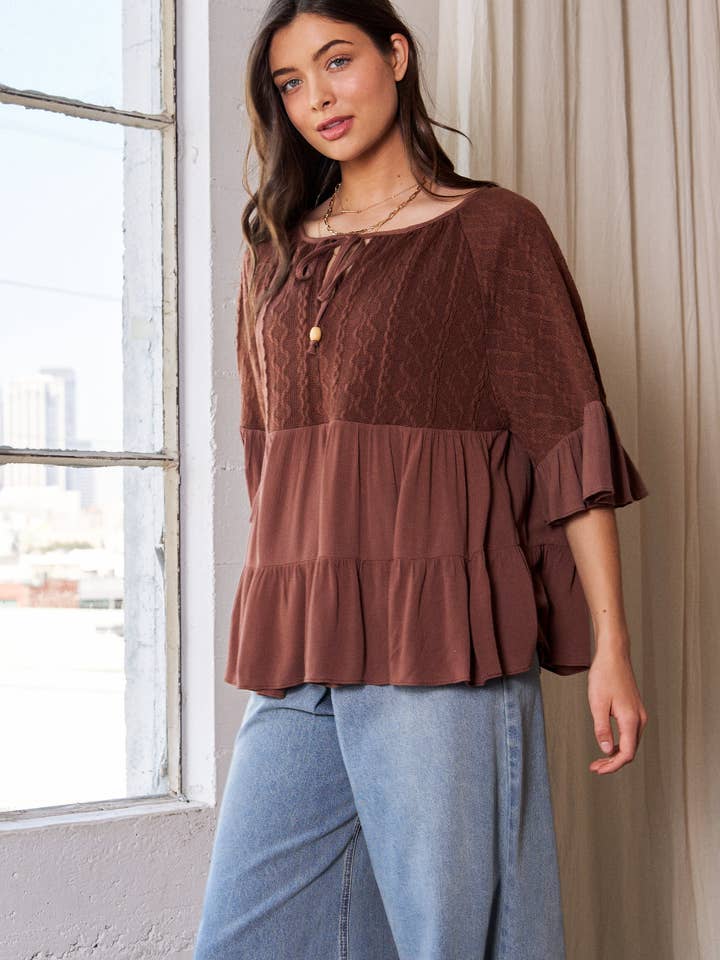 Brown SOLID ROUND NECK RUFFLE SHORT SLEEVE TOP for wholesale on Faire