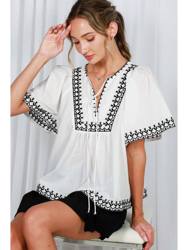 Vine & Love - Wholesale Blouse - Women's - Tie Neck Bohemian-Inspired Embroidered Blouse Top VT82486
