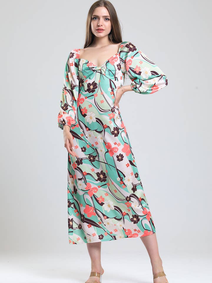 Midi Summer Dress in Hibiscus print in Green for wholesale by Love & Joy London
