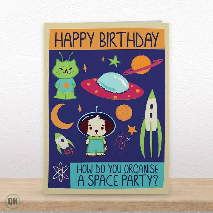 Fødselsdagskort med rumtema - Sødt børnefødselsdagskort for engroshandel hos Quitting Hollywood