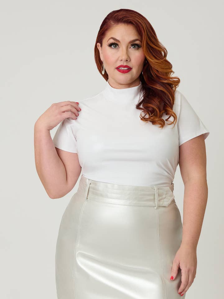 Smak Parlour Plus Size Pearl White Mock Neck Knit Top for wholesale by Unique Vintage