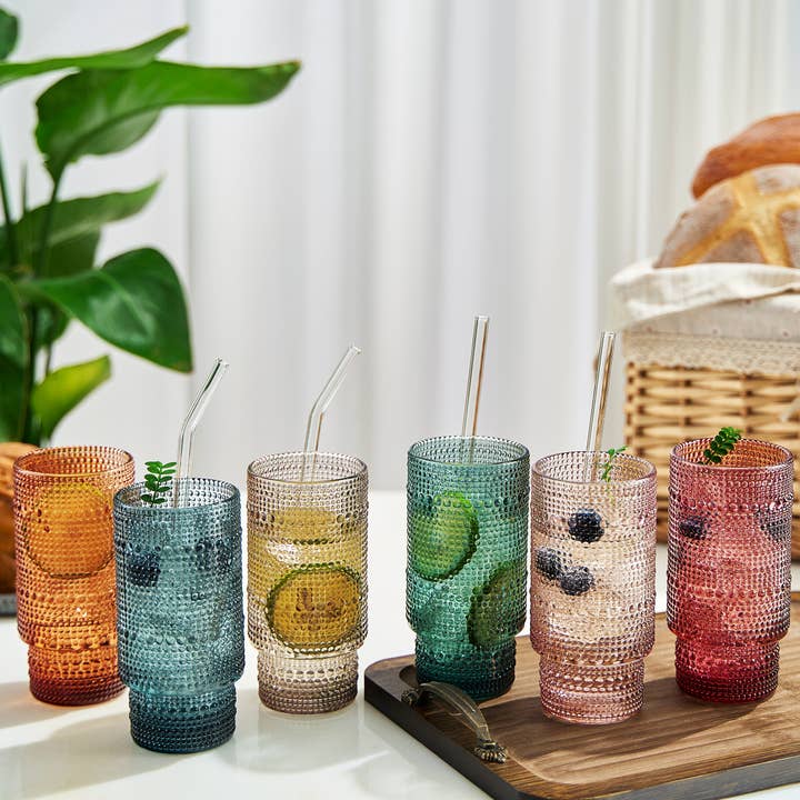 The Wine Savant / Khen Glassware - Wholesale Cocktail/Liquor Glass - Hobnail Highball Glasses | Set of 6 | with Glass Straws